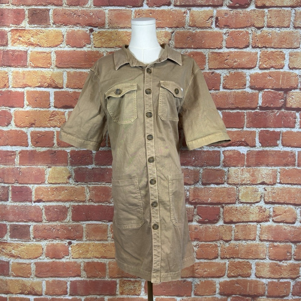 Mother The Wrapped Up Mini Dress Women's XL Tan Demin Short‎ Sleeve Button Front